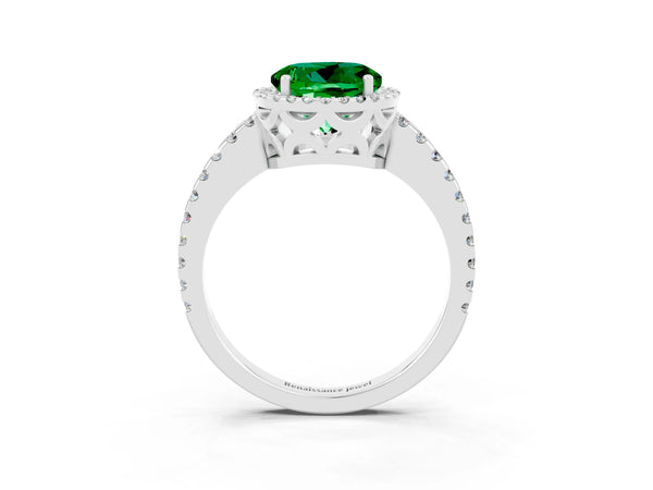 White gold Round Cut Emerald Halo Engagement Ring with Pavé Band and Prong Setting