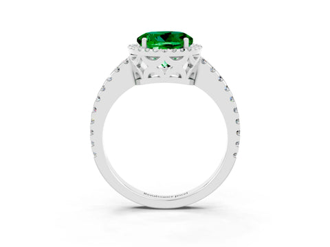 White gold Round Cut Emerald Halo Engagement Ring with Pavé Band and Prong Setting_15