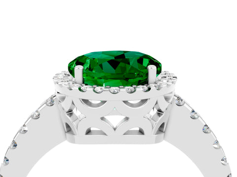 White gold Round Cut Emerald Halo Engagement Ring with Pavé Band and Prong Setting_16