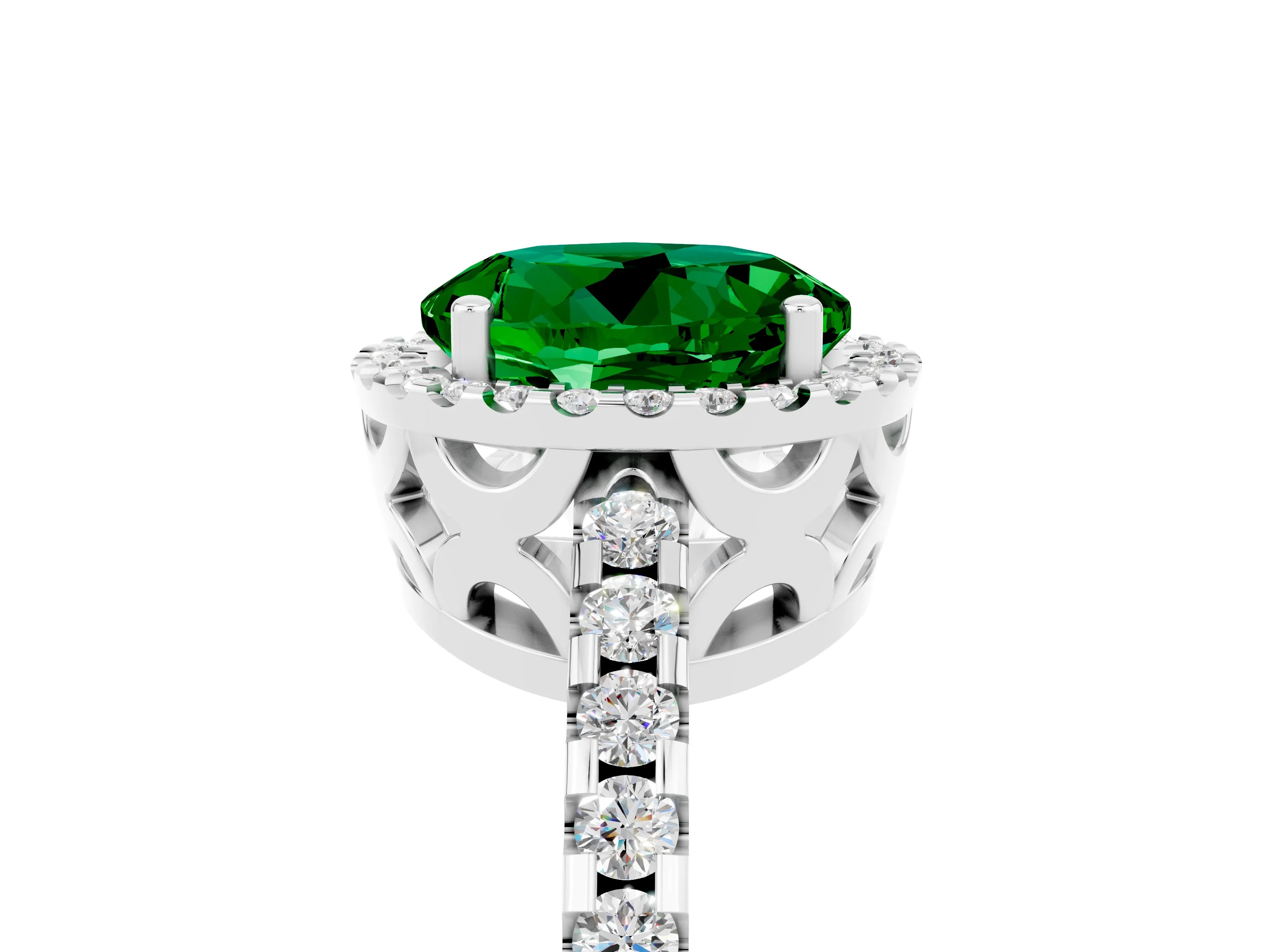 White gold Round Cut Emerald Halo Engagement Ring with Pavé Band and Prong Setting_17