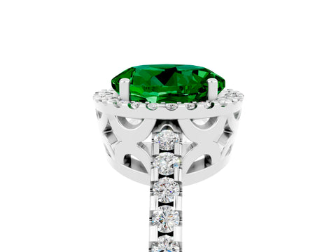 White gold Round Cut Emerald Halo Engagement Ring with Pavé Band and Prong Setting_17