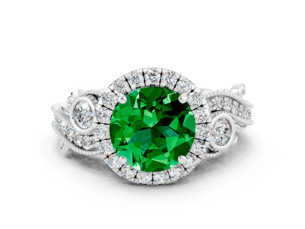 White gold Round Cut Emerald Halo Ring with Milgrain Pavé Band and Four-Prong Setting