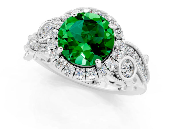 Platinum Round Cut Emerald Halo Ring with Milgrain Pavé Band and Four-Prong Setting