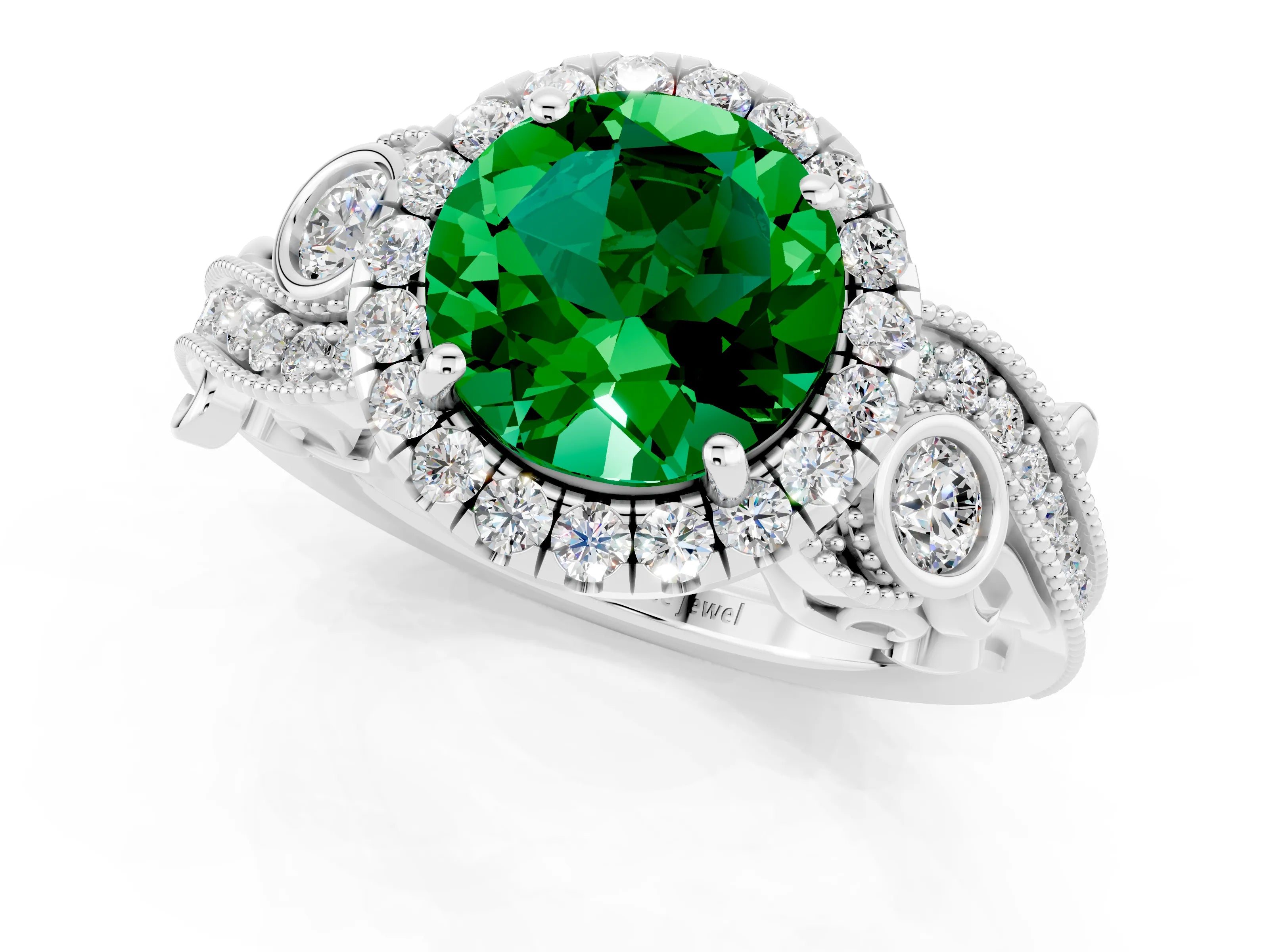White gold Round Cut Emerald Halo Ring with Milgrain Pavé Band and Four-Prong Setting_13
