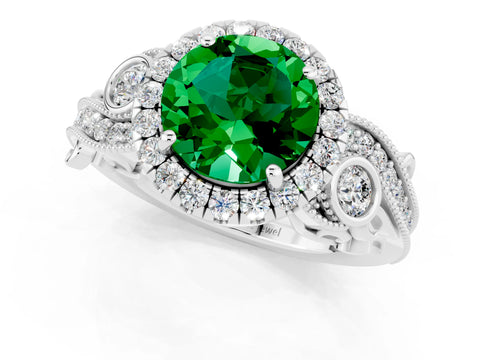 White gold Round Cut Emerald Halo Ring with Milgrain Pavé Band and Four-Prong Setting_13