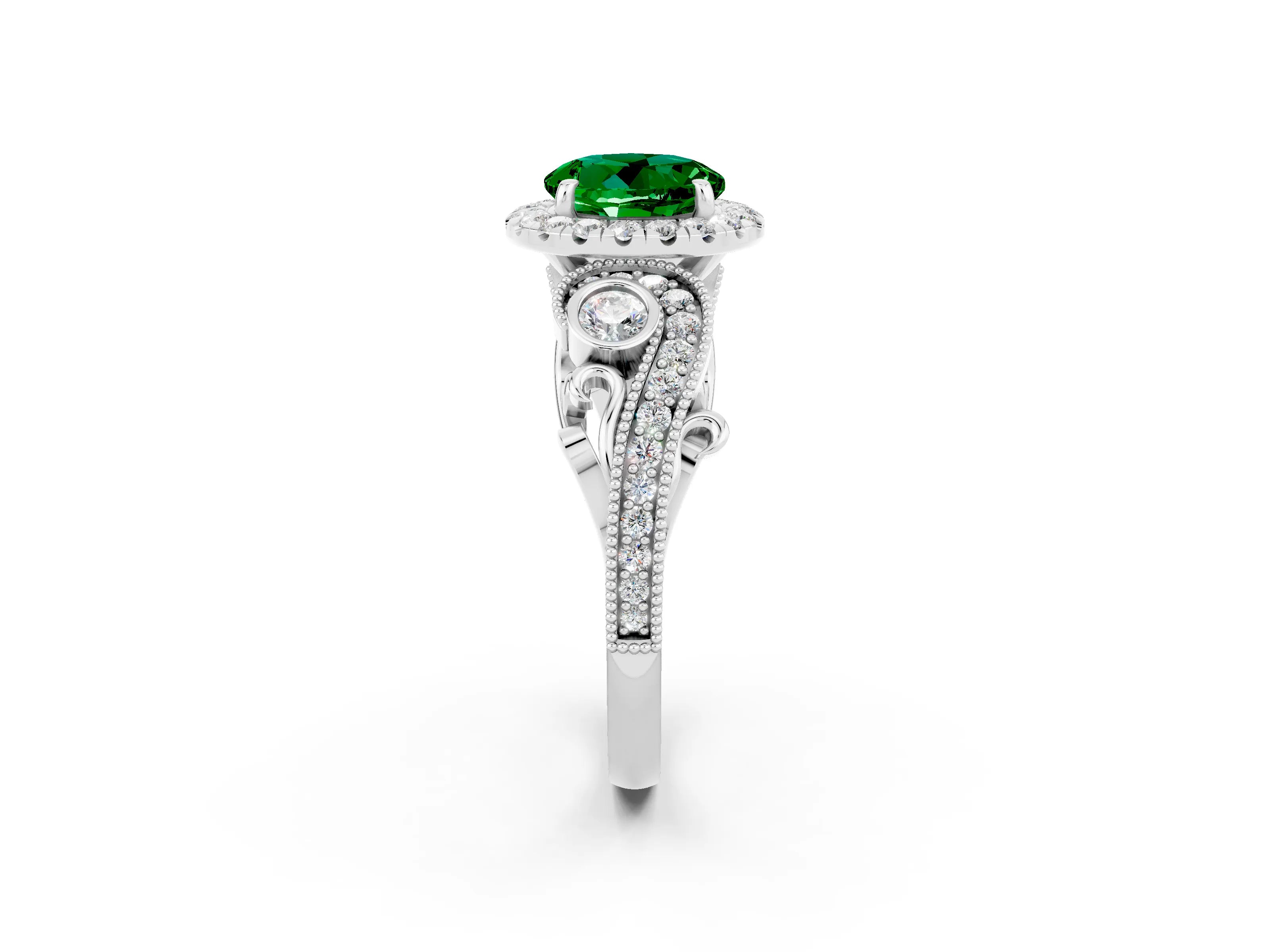 White gold Round Cut Emerald Halo Ring with Milgrain Pavé Band and Four-Prong Setting_14