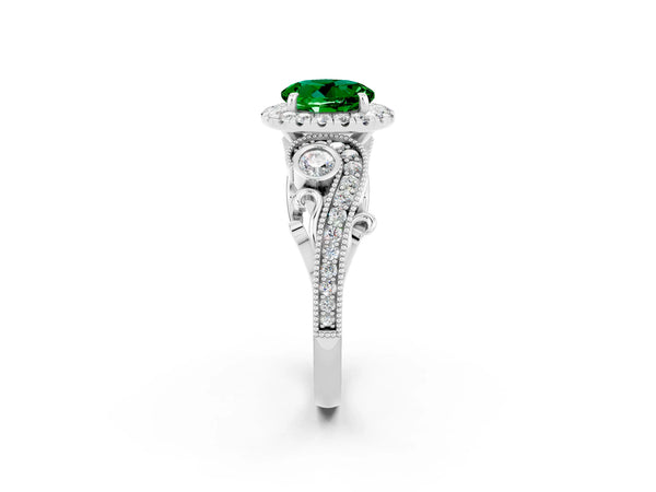 White gold Round Cut Emerald Halo Ring with Milgrain Pavé Band and Four-Prong Setting