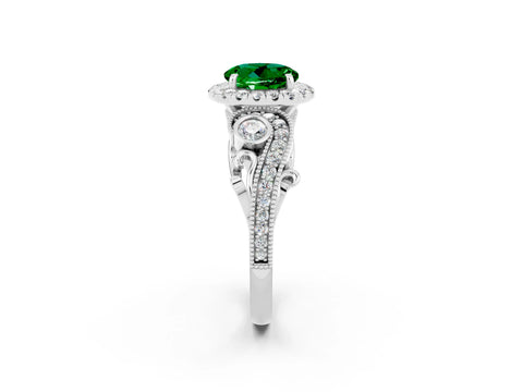 White gold Round Cut Emerald Halo Ring with Milgrain Pavé Band and Four-Prong Setting_14