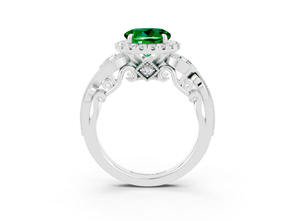 Platinum Round Cut Emerald Halo Ring with Milgrain Pavé Band and Four-Prong Setting