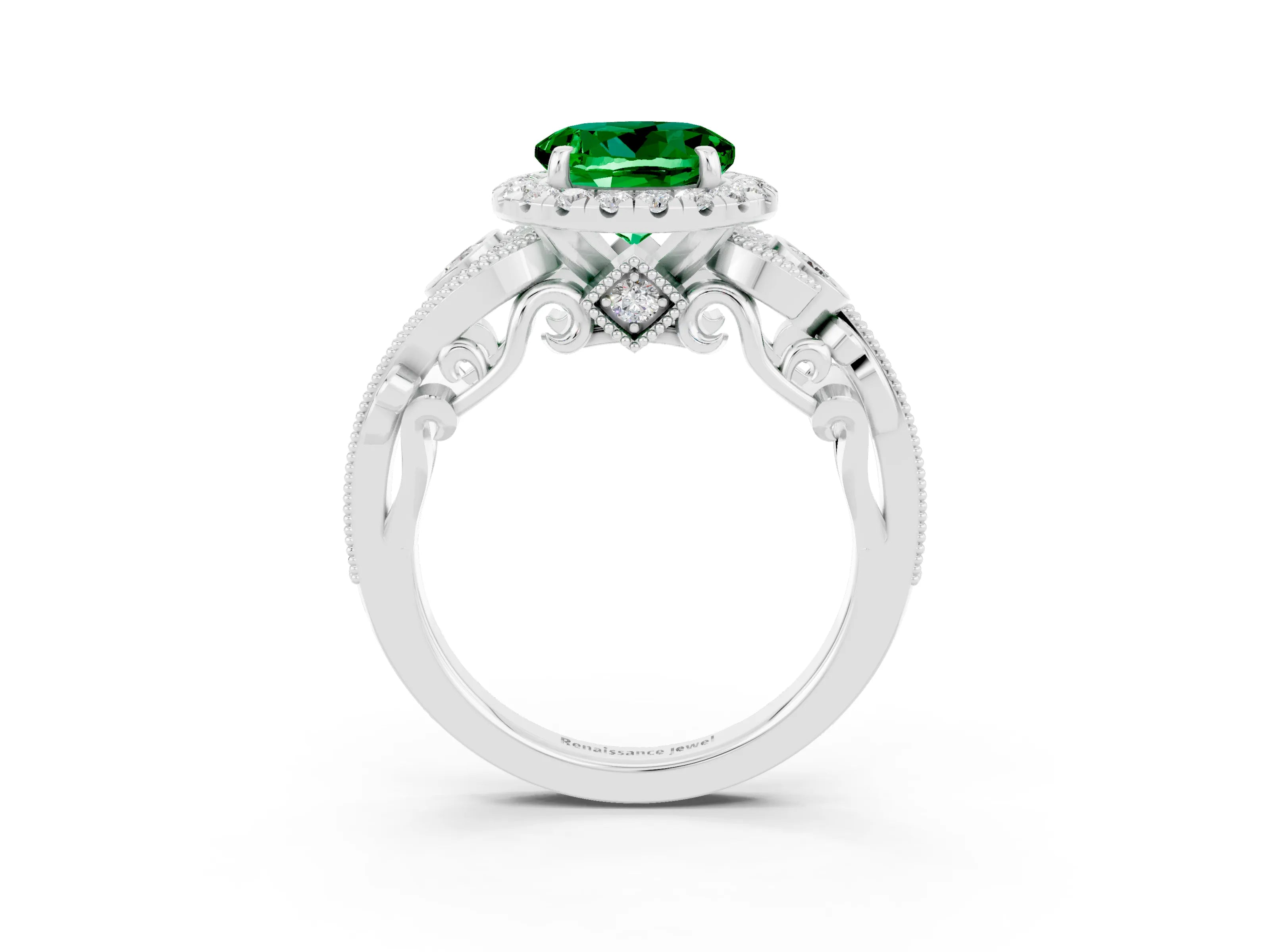 White gold Round Cut Emerald Halo Ring with Milgrain Pavé Band and Four-Prong Setting_15