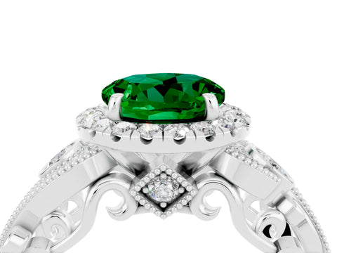 White gold Round Cut Emerald Halo Ring with Milgrain Pavé Band and Four-Prong Setting_16