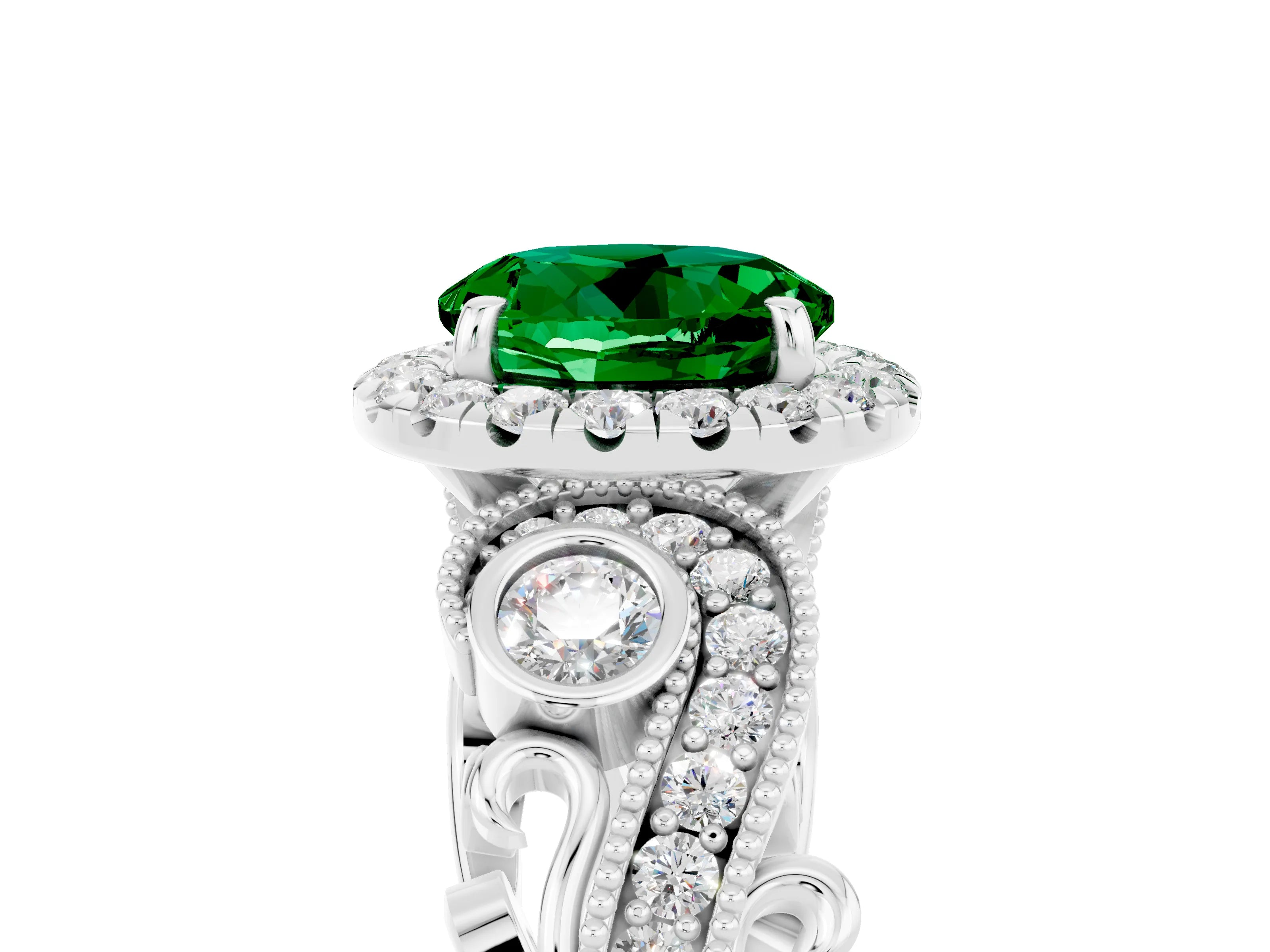 White gold Round Cut Emerald Halo Ring with Milgrain Pavé Band and Four-Prong Setting_17