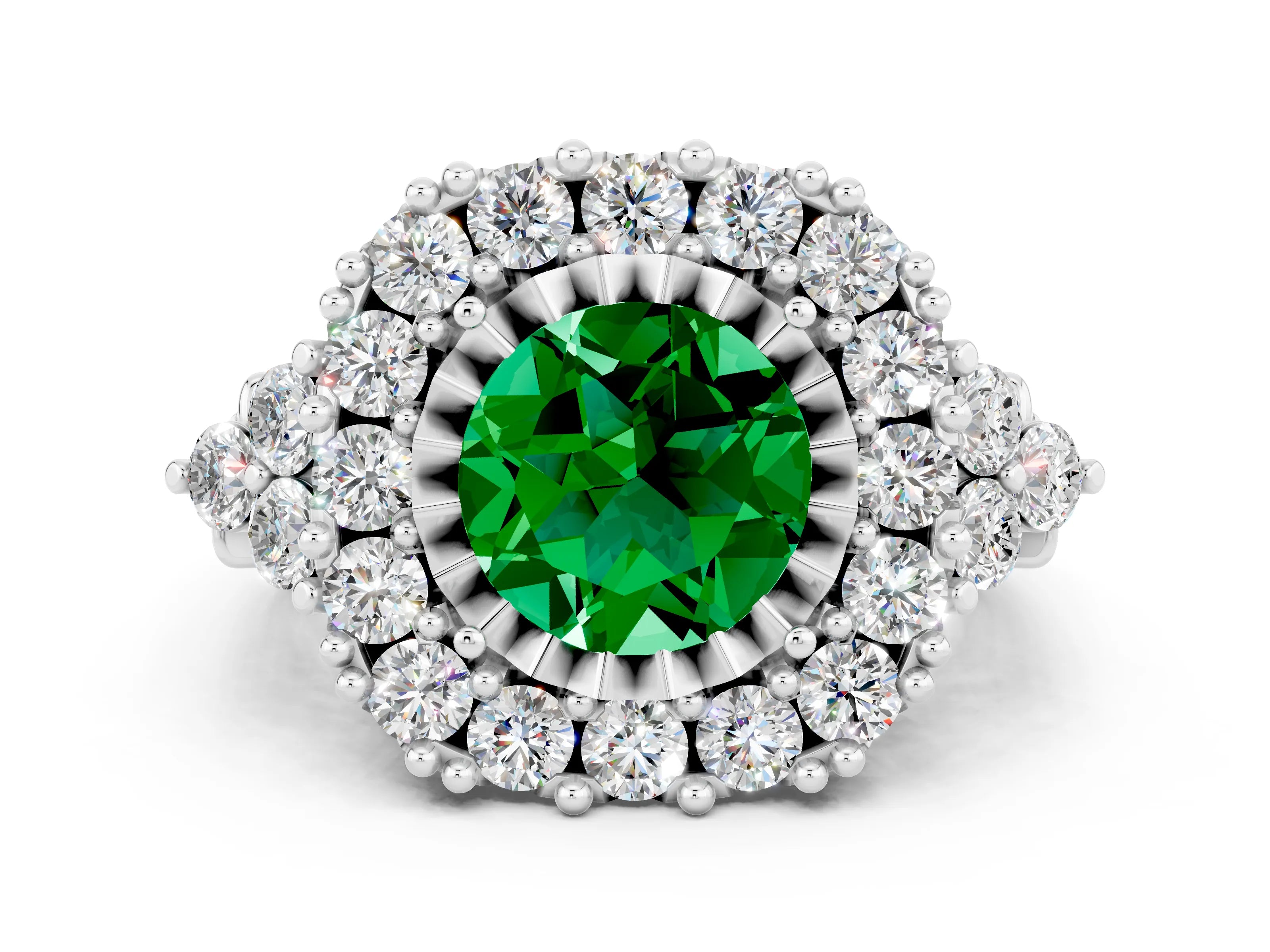 White gold Round Cut Emerald Halo Ring with Pavé Band and Four-Prong Setting_12