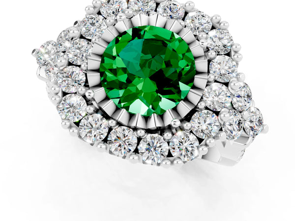 Platinum Round Cut Emerald Halo Ring with Pavé Band and Four-Prong Setting