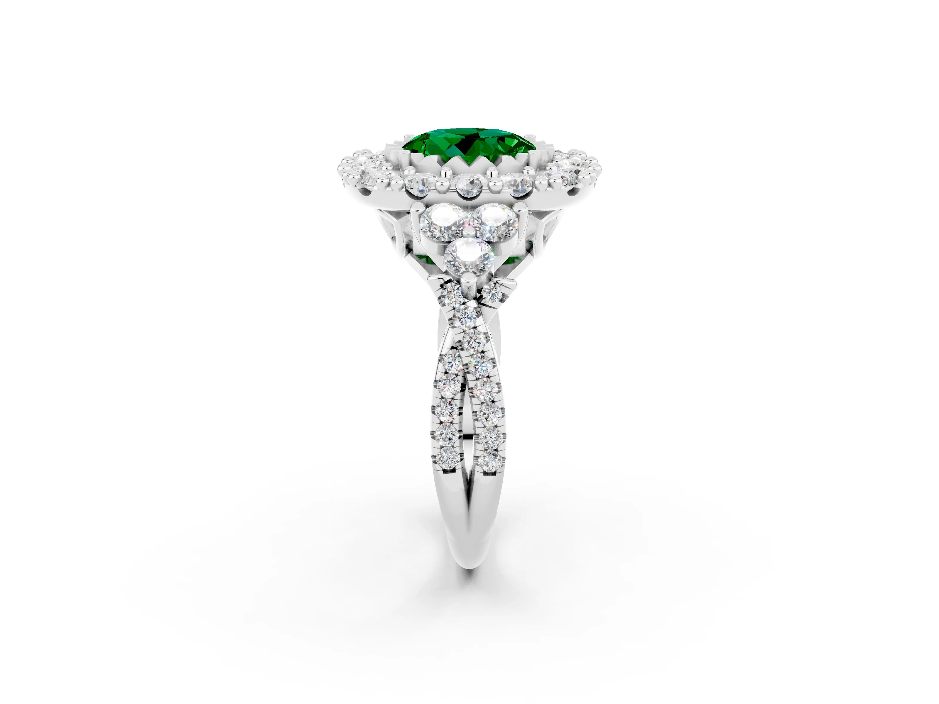 White gold Round Cut Emerald Halo Ring with Pavé Band and Four-Prong Setting_14