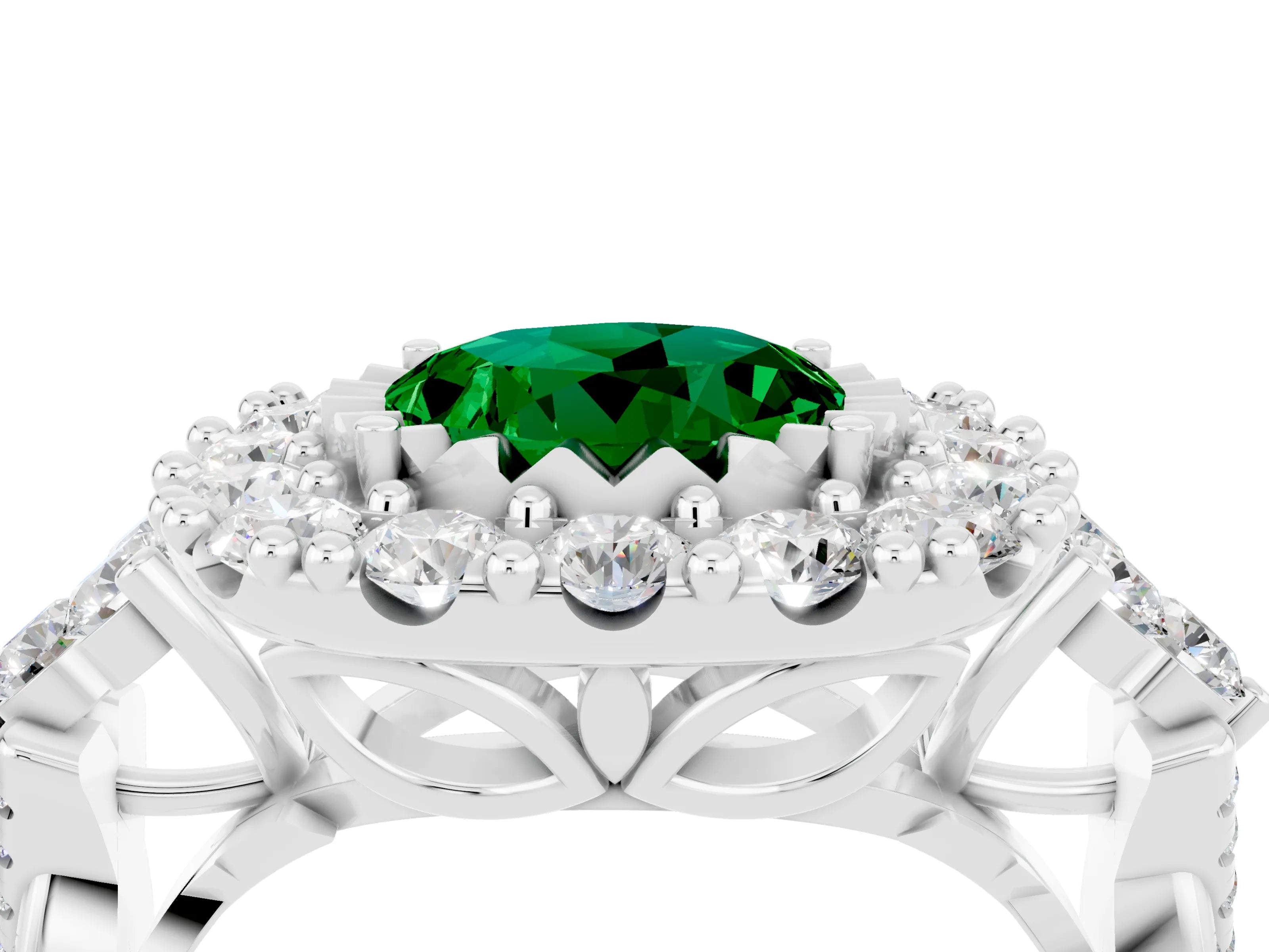 White gold Round Cut Emerald Halo Ring with Pavé Band and Four-Prong Setting_16