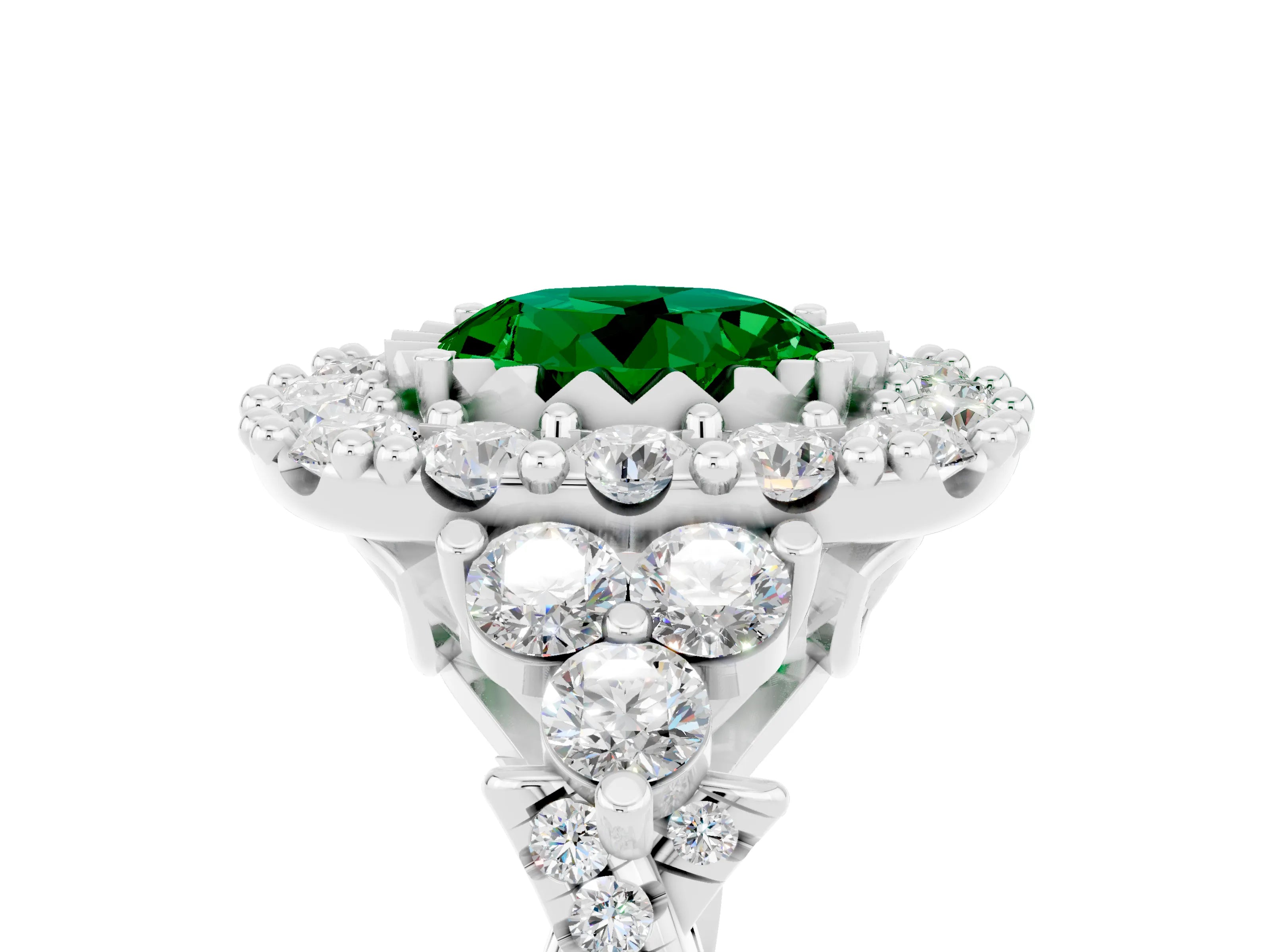 White gold Round Cut Emerald Halo Ring with Pavé Band and Four-Prong Setting_17