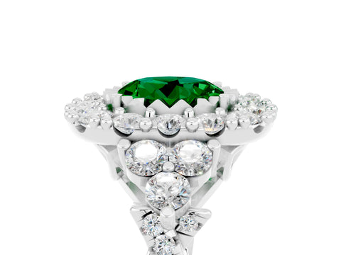 White gold Round Cut Emerald Halo Ring with Pavé Band and Four-Prong Setting_17