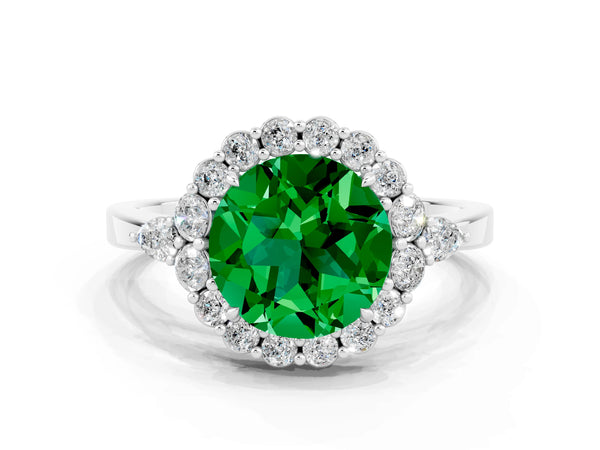 Platinum Round Cut Emerald Halo Ring with Pear Side Stones and Prong Setting