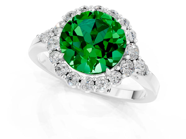 White gold Round Cut Emerald Halo Ring with Pear Side Stones and Prong Setting