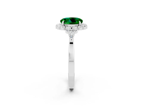 White gold Round Cut Emerald Halo Ring with Pear Side Stones and Prong Setting_26