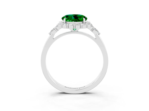 Silver Round Cut Emerald Halo Ring with Pear Side Stones and Prong Setting