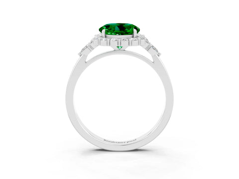 White gold Round Cut Emerald Halo Ring with Pear Side Stones and Prong Setting_27