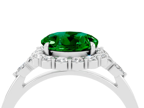 White gold Round Cut Emerald Halo Ring with Pear Side Stones and Prong Setting_28