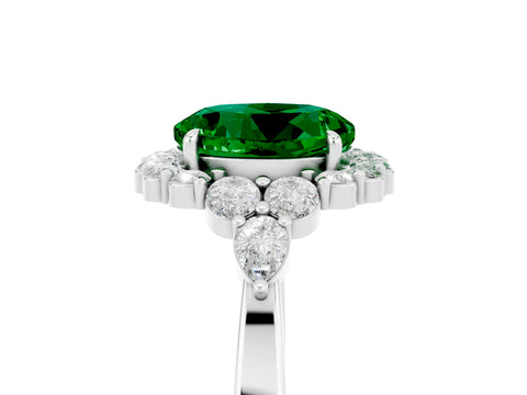 White gold Round Cut Emerald Halo Ring with Pear Side Stones and Prong Setting_29