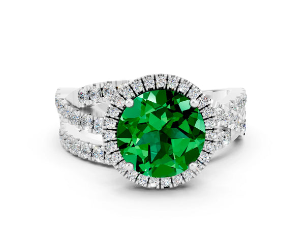 Silver Round Cut Emerald Halo Ring with Round Split Shank and Prong Setting