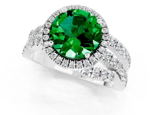 Platinum Round Cut Emerald Halo Ring with Round Split Shank and Prong Setting