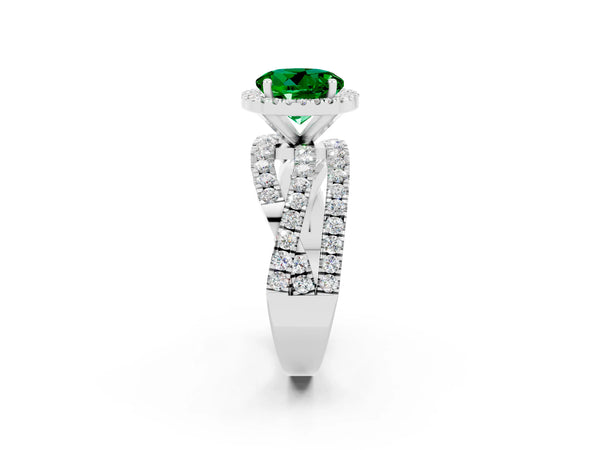Platinum Round Cut Emerald Halo Ring with Round Split Shank and Prong Setting