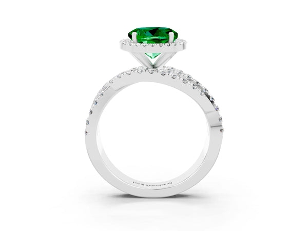 White gold Round Cut Emerald Halo Ring with Round Split Shank and Prong Setting
