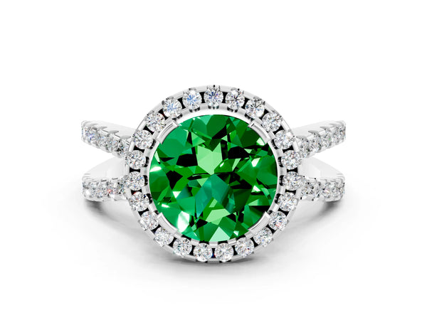 Platinum Round Cut Emerald Halo Ring with Split Shank Pavé Band and Prong Setting