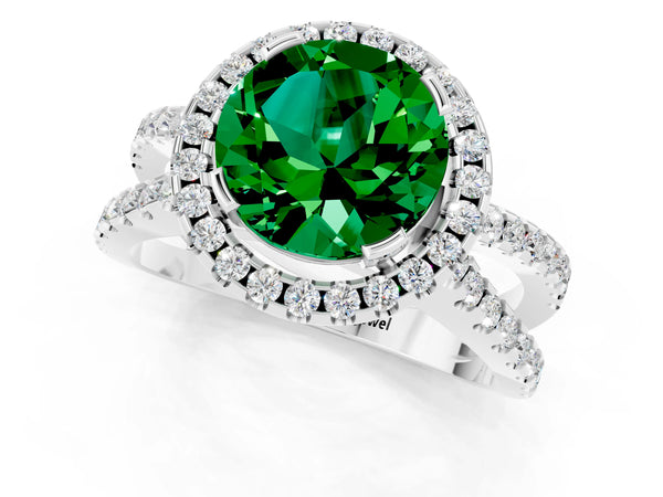 Platinum Round Cut Emerald Halo Ring with Split Shank Pavé Band and Prong Setting