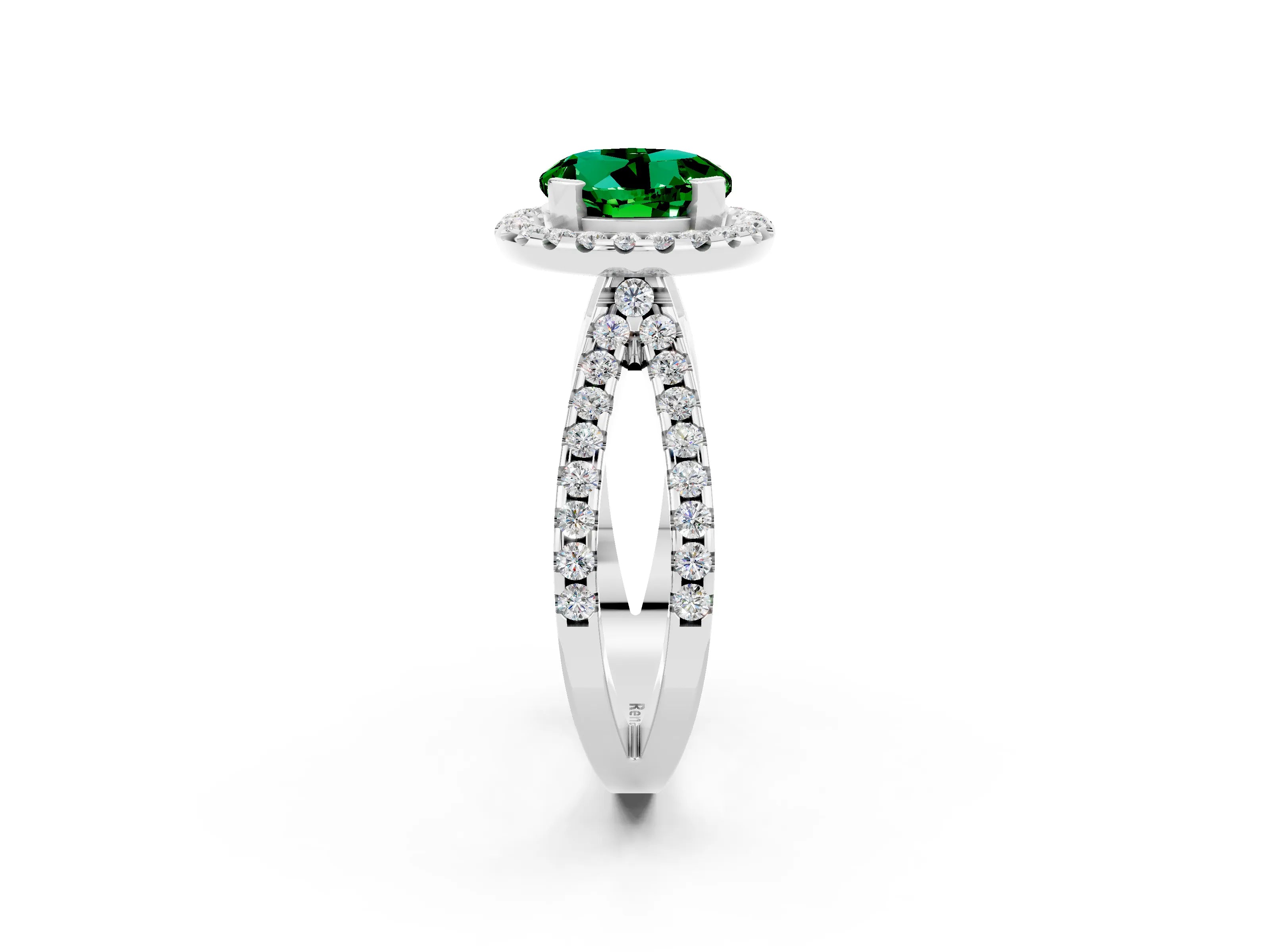 White gold Round Cut Emerald Halo Ring with Split Shank Pavé Band and Prong Setting_2