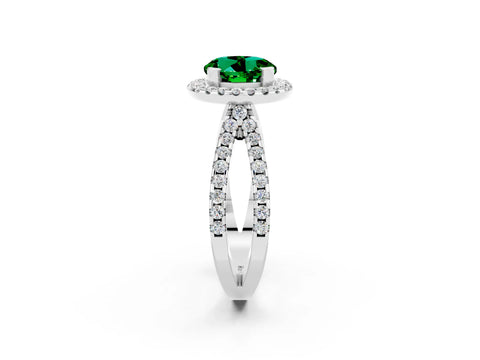 White gold Round Cut Emerald Halo Ring with Split Shank Pavé Band and Prong Setting_2