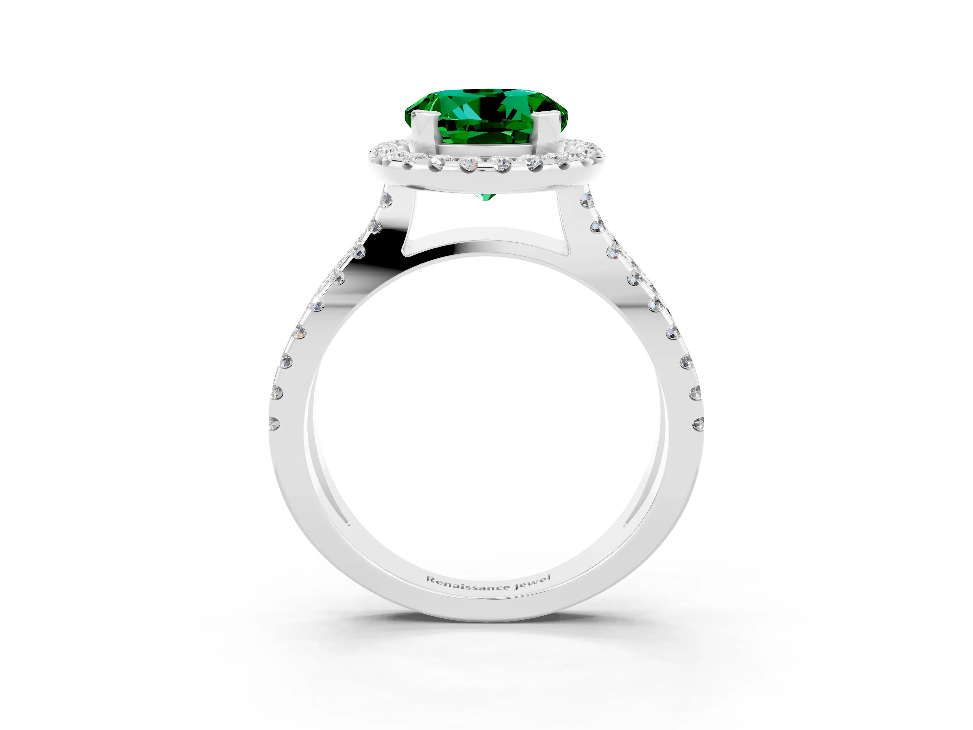 White gold Round Cut Emerald Halo Ring with Split Shank Pavé Band and Prong Setting_3