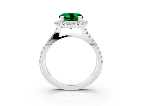 White gold Round Cut Emerald Halo Ring with Split Shank Pavé Band and Prong Setting_3