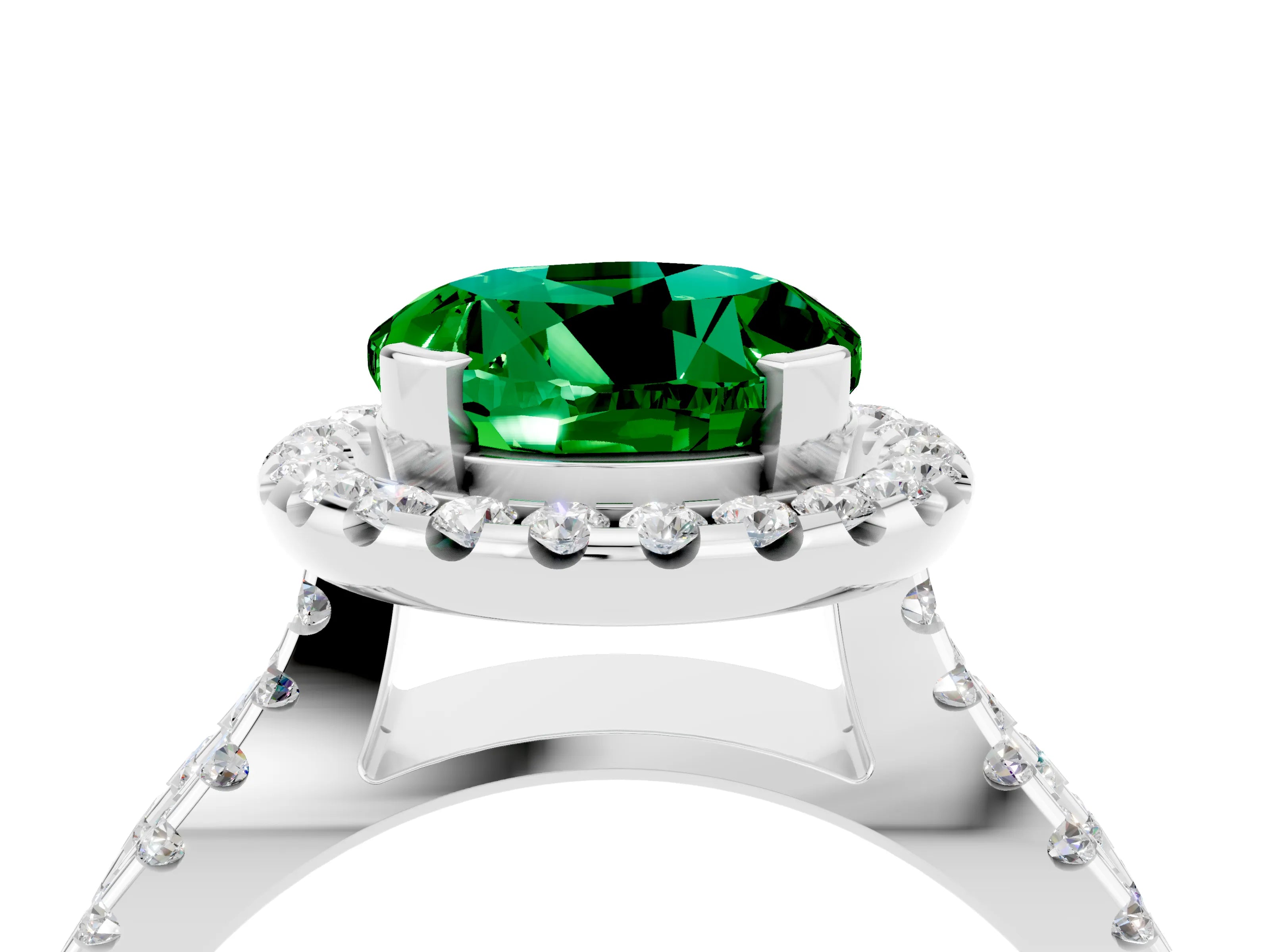 White gold Round Cut Emerald Halo Ring with Split Shank Pavé Band and Prong Setting_4