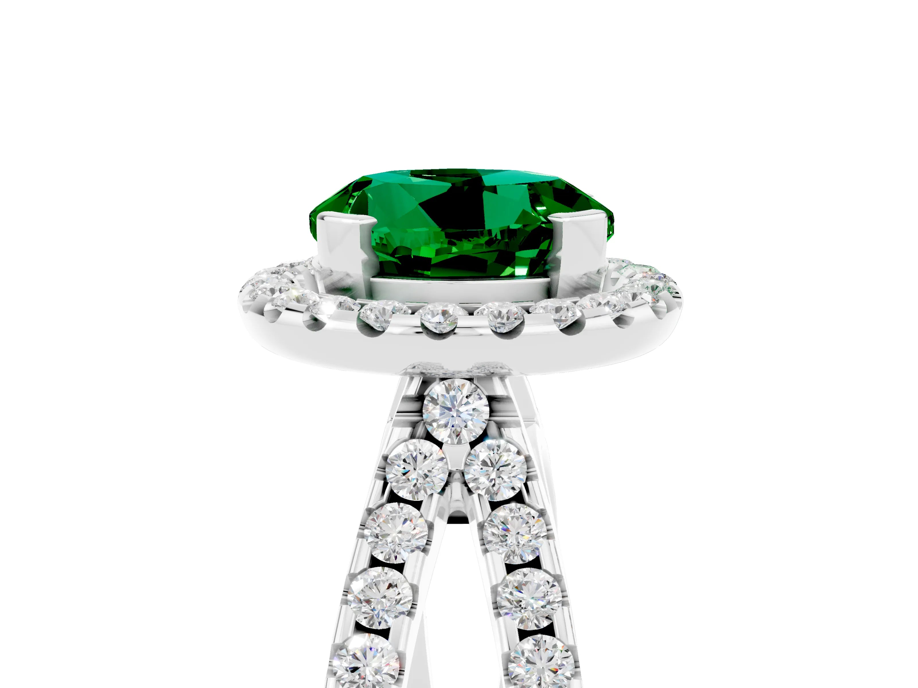 White gold Round Cut Emerald Halo Ring with Split Shank Pavé Band and Prong Setting_5