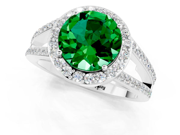 White gold Round Cut Emerald Halo Ring with Split Shank U-Prong Band and Four-Prong Setting