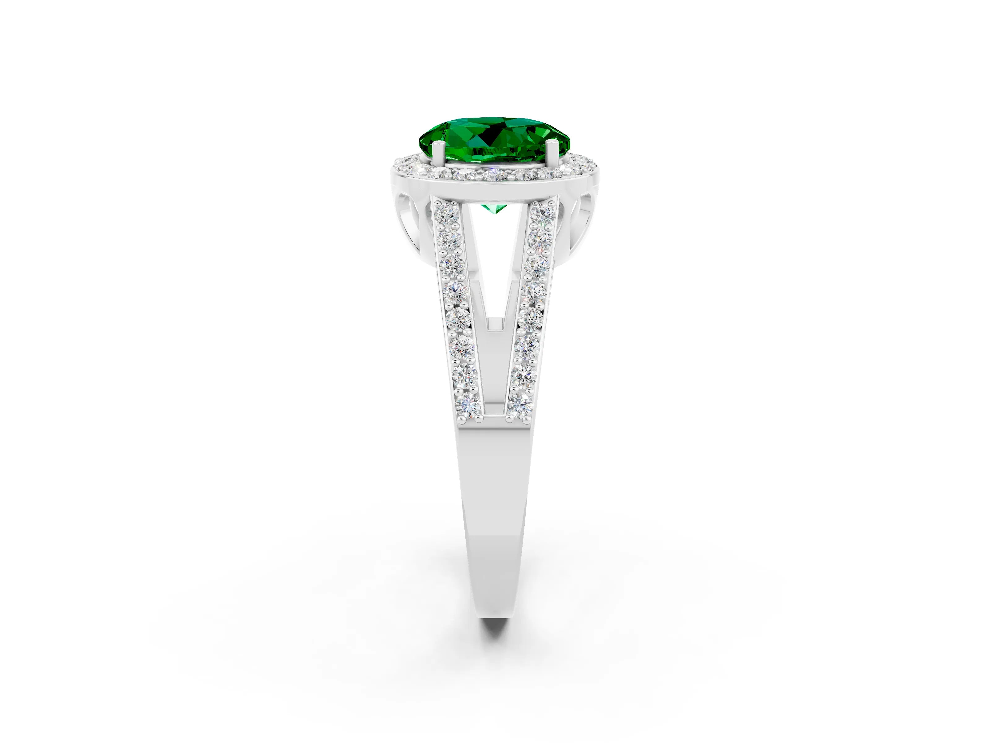 White gold Round Cut Emerald Halo Ring with Split Shank U-Prong Band and Four-Prong Setting_2