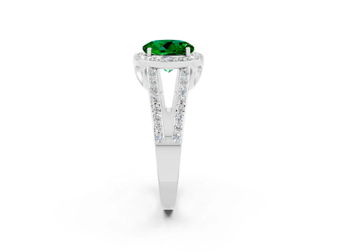 White gold Round Cut Emerald Halo Ring with Split Shank U-Prong Band and Four-Prong Setting_2