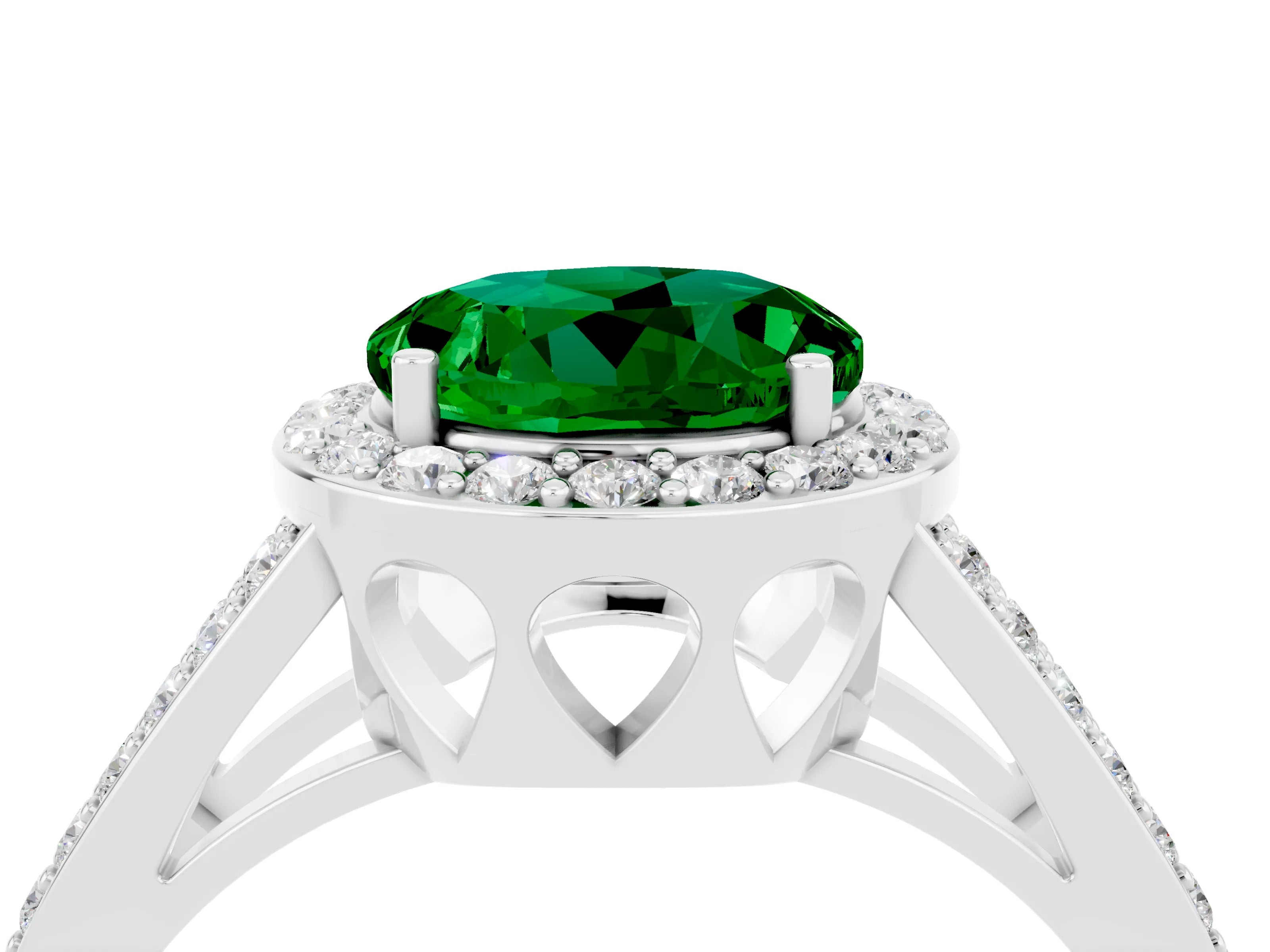 White gold Round Cut Emerald Halo Ring with Split Shank U-Prong Band and Four-Prong Setting_4
