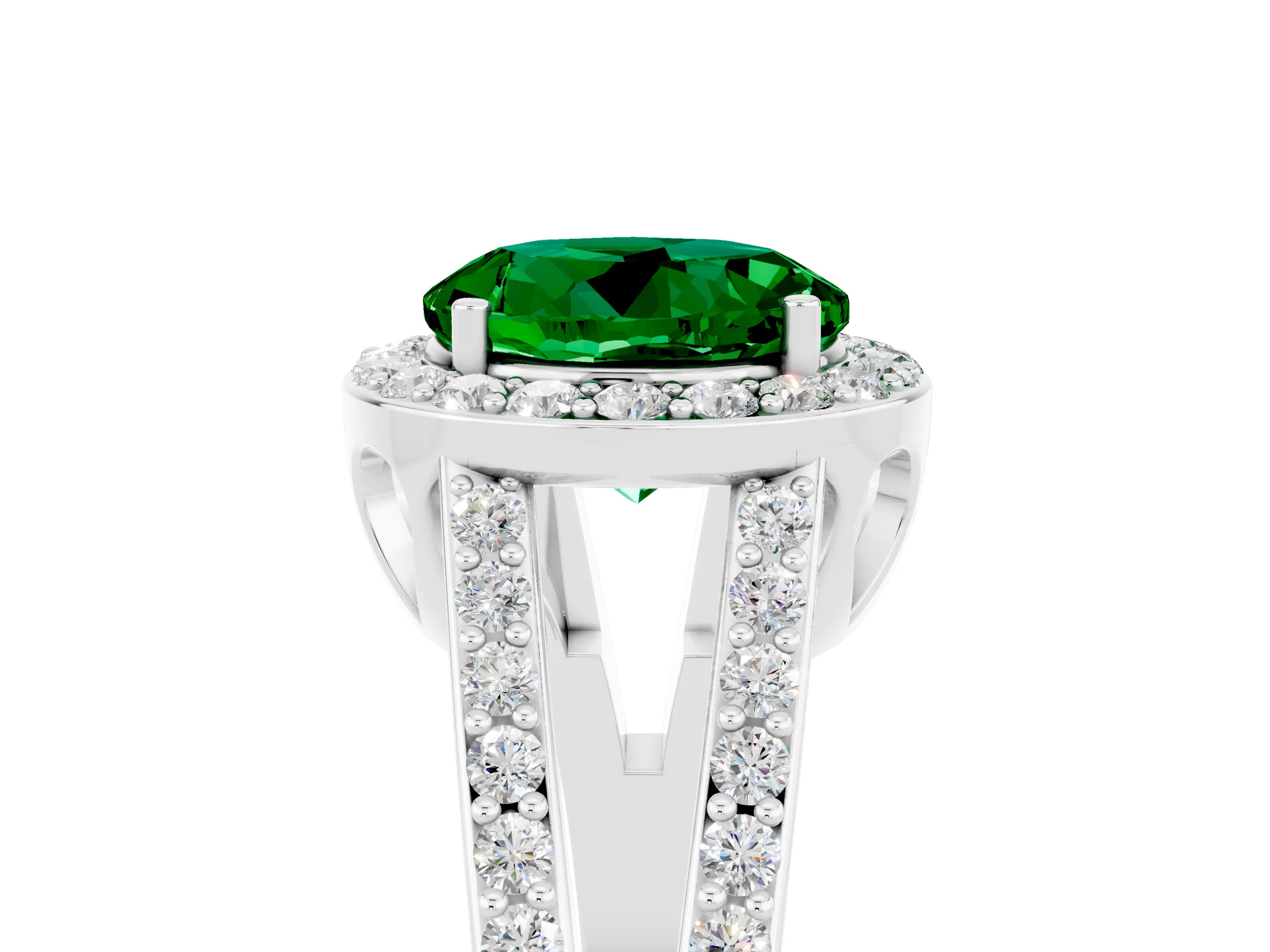 White gold Round Cut Emerald Halo Ring with Split Shank U-Prong Band and Four-Prong Setting_5