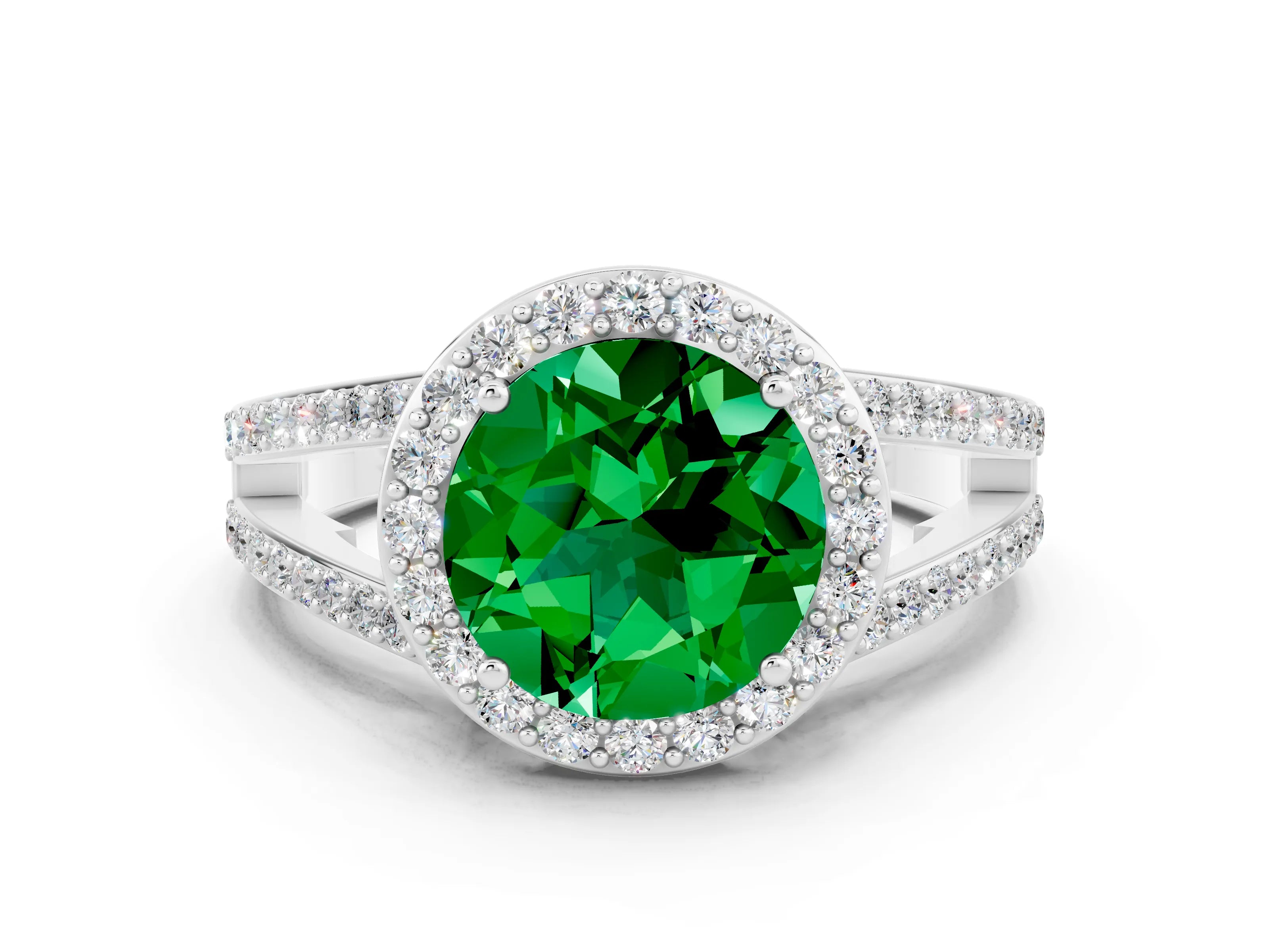 White gold Round Cut Emerald Halo Ring with Split Shank U-Prong Band and Four-Prong Setting