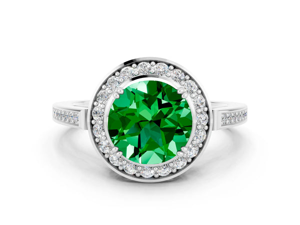 Platinum Round Cut Emerald Halo Ring with Split Shank and Four-Prong Setting