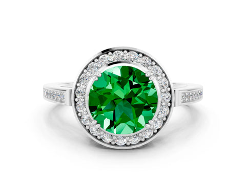 White gold Round Cut Emerald Halo Ring with Split Shank and Four-Prong Setting_12