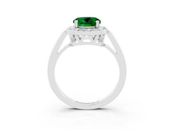 White gold Round Cut Emerald Halo Ring with Split Shank and Four-Prong Setting